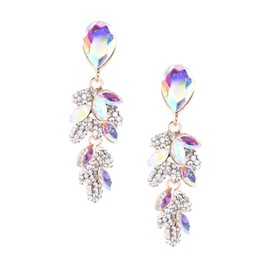 (40695-201) Gold Aurora Borealis Rhinestone Teardrop & Leaf Shaped Dangle Earrings