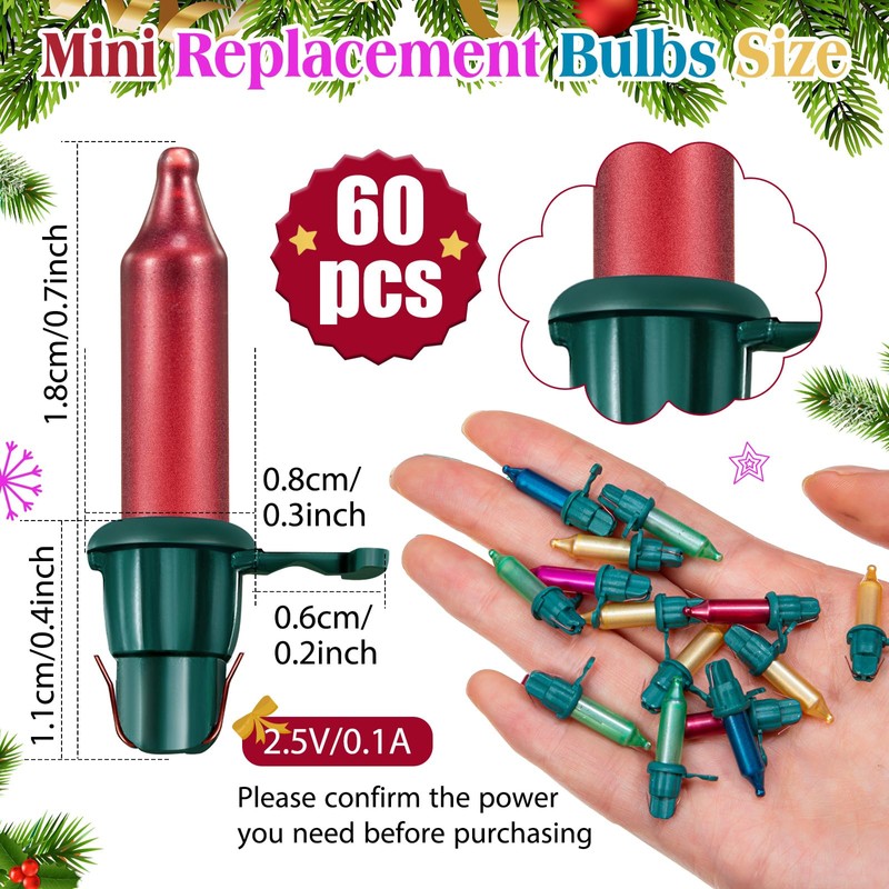 Mudder 60 Count Christmas Replacement Mini Light Bulbs with Base