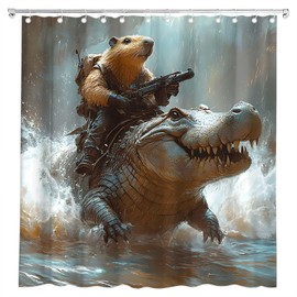 TQNNTQ Funny Capybara Shower Curtain Cool Rodent Animals Riding Crocodile Sea Wave Ocean Wild Animal Wildlife Bath Curtain Fabric Bathroom Accessories Decor with Hooks 70W x70L