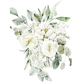 White Flowers Leaves Fern Eucalyptus Green Forest DIY 5D Diamond Painting by Number Kit, White Plants Diamond Embroidery Paintings Cross Stitch for Home Decor 12x16 inch