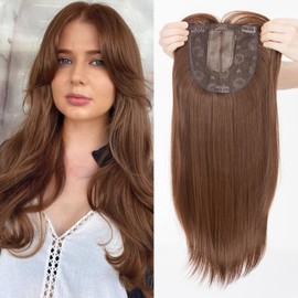 MY-LADY Hair Toppers for Women with Thinning Hair Loss 18 Inch Toppers Hair Pieces Straight Wiglets with Bangs 6"x6" Lace Base Clip in Synthethic Hairpieces Medium Brown