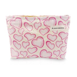 Yovell Floral Makeup Bag Cute Makeup Pouch Travel Organizer Toiletry Bag Canvas Makeup Bag with Zipper Large Cosmetic Bags for Women Girls, Pink Hearts, Cute Makeup Bag
