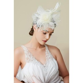 SHUERIET Fascinators Hat Flower Mesh Veil Ribbons Feathers on a Headband and a Clip Tea Party Headwear for Women (a01-Beige)