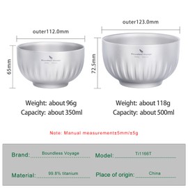 iBasingo Titanium Bowl 350 ml & 500 ml Double-Walled Oatmeal Rice Soup Bowl Ultralight Portable Tableware Outdoor Camping Metal Bowl Ti1166T
