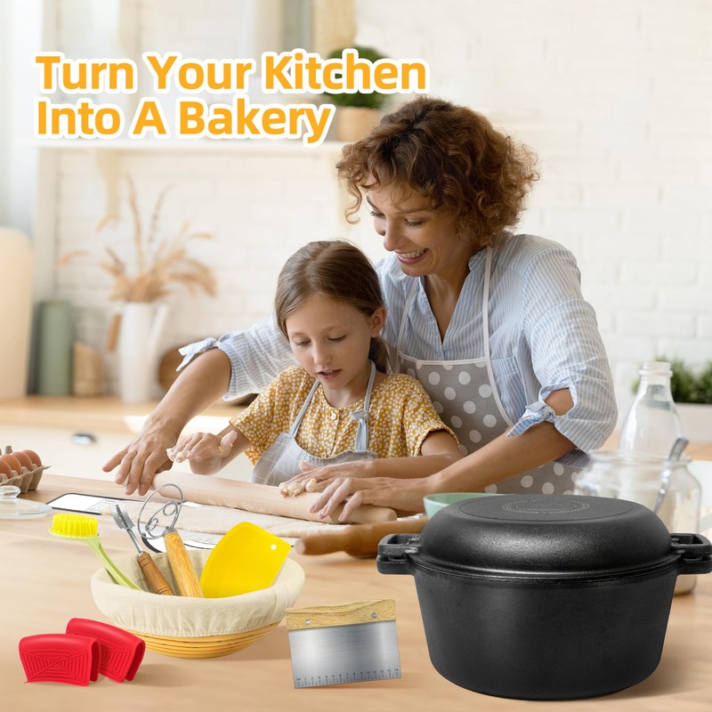 Pre-Seasoned Dutch Oven for Bread Baking, 5 QT Cast Iron