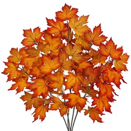 GnFlus 35.4 inch Artificial Orange Maple Leaves Branch Fake Maple Shrubs Faux Fall Branches for Home Floral Arrangement Autumn Festival Thanksgiving Fall Leaf Decor-5 Pack
