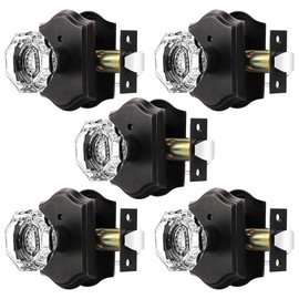 Orger Octagonal Crystal Door Knobs 5 Pack, Interior Privacy Door Handle for Bed/Bathroom with Pin Lock Inside, Oil Rubbed Bronze Vintage Rosette Door Knob with Heavy Duty Genuine Glass