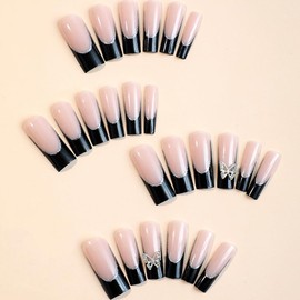 RUPOFUZA Extra Long Press on Nails Black French Tip Fake Nails 24Pcs Square False Nails with Butterfly Nail Charms Designs Acrylic Nails Press ons Artificial Nails Stick on Nails for Women