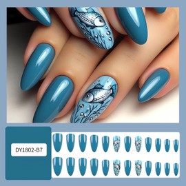 Blue Press on Nails Almond Medium Fake Nails Glossy Blue False Nail Tips Full Cover Ocean Fish Design Glue on Nails Cute Summer Nail Art Decorations Medium Almond Stick on Nails for Women 24Pcs