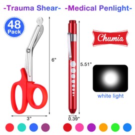 Chumia 48 Pack Trauma Shears and Pen Light for Nurses Nursing Scissors with Pupil Gauge Bandage Nurse Scissors and LED Penlight Bulk Nursing Accessories for Work Medical Doctor (Rainbow)
