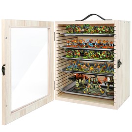 Miniature Carrying Case with 5 Metal Tray, Miniature Storage Case, Miniature Display Cases with Lock, Oak