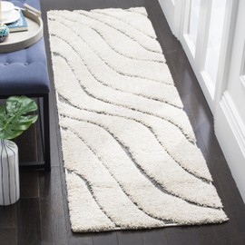 SAFAVIEH Florida Shag Collection SG472 Abstract Wave Non-Shedding Living Room Bedroom Dining Room Entryway Plush 1.2-inch Thick Runner, 2'3" x 7' , Cream / Grey