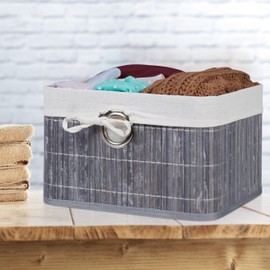 Relaxdays Bamboo Storage Basket H x W x D: Approx. 20 x 31 x 31cm Shelf Basket with Removable Fabric Cover, Decorative Storage Box with Handle, Foldable Storage Space