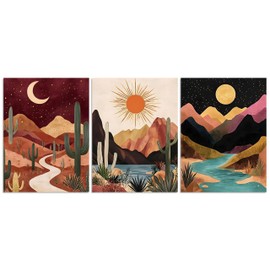 TutuBeer 3 Panels Boho Mountain Wall Art Boho Mountain Art Mid Century Nature Landscapes Painting Colorful Sun Moon Desert Minimalist Bohemia Landscape Picture for Living Room Bedroom Office 12x16Inch