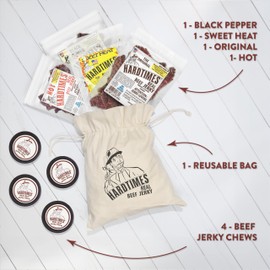 Hardtimes Beef Jerky - Variety, Specialty Gift Bag - Great Gift for Father's Day, Holiday, & Birthday - 5 Pack of 2.25 oz Bags Original, Black Pepper, Hot, Teriyaki, & Sweet Heat - 4 Jerky Chews