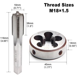 YUEARN M18 X 1.5mm Metric Tap and Die Set HSS Straight Fluted Machine Thread Tap Right Hand Screw Tap and Round Thread Die