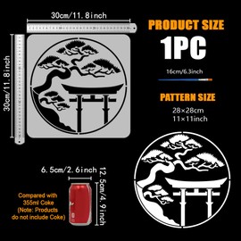 FINGERINSPIRE Japanese Torii Gate Painting Stencils with Brush 30x30cm Plastic PET Argyro Pine Trees Drawing Template Decorative Hollowed Oriental Theme Stencil for Painting on Wood Canvas