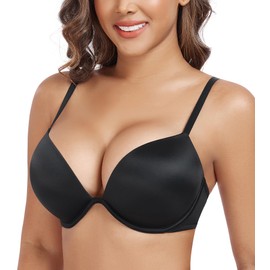 DotVol Women's Deep Plunge Push Up Low Cut Thick Padded Underwire Everyday Bra(Black,38C)