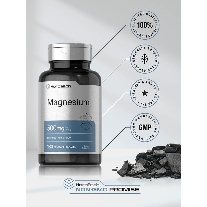 Horbäach Magnesium 500mg | 180 Caplets | Vegetarian, Non-GMO, and