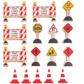 16 Pc Wooden Construction Signs and Traffic Cones - Construction Site Road Signs -Community Helpers Educational Preschool Street Track Accessories