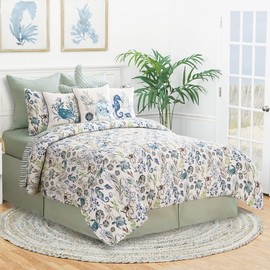 C&F Home Crescent Bay Full/Queen 3 Piece Reversible Coverlet Quilt Set with 2 Standard Shams Quilt Set Nautical White Blue and Green Ocean Beach Animals Coral Seaweed Reversible Stripes Full/Queen 3