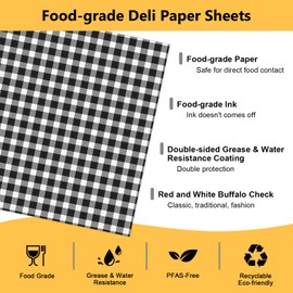 NATURALABEL 100 PCS 12"x12" Black and White Check Deli Paper Sheets - Grease & Water Resistant Food Basket Liners, for Wrapping Sandwiches, Burritos, Burgers, Hot Dogs, Fries (Black)