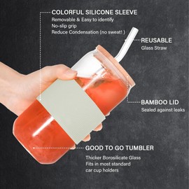 DAMCONME Glass Cups with Lid and Straw,Glass Coffee Cups,Smoothie Cup,Beer Glasses,Mason Jar Cups,Juice Glasses,Matcha Cup,Aesthetic Cup,16 OZ Glass Bamboo Cup with Straw,1 Brush-Avocado