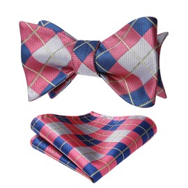 HISDERN Self Tie Bow Ties for Men & Pocket Square Sets Pink Check Plaid Bowtie Classic Formal Tuxedo Wedding Bowties Handkerchief Set
