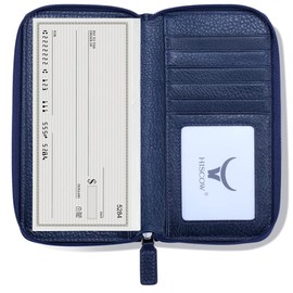 HISCOW Zippered Checkbook Cover & Card Holder with Divider - Italian Calfskin (Pebbled Blue)