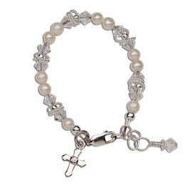 Precious Pieces Sterling Silver Cross Bracelet for Baby Baptism, Christening, or Dedication with Cultured Pearl for Infants and Toddlers (MED)