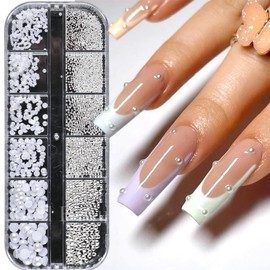 TSUOUKL 1 Box/12 Grid Nail Art Rhinestones, White Beads for Nails, Semicircular Pearl Balls, Nail Charms, Small Stainless Steel Beads, Caviar Beads, White Flatback Beads for Nail/DIY