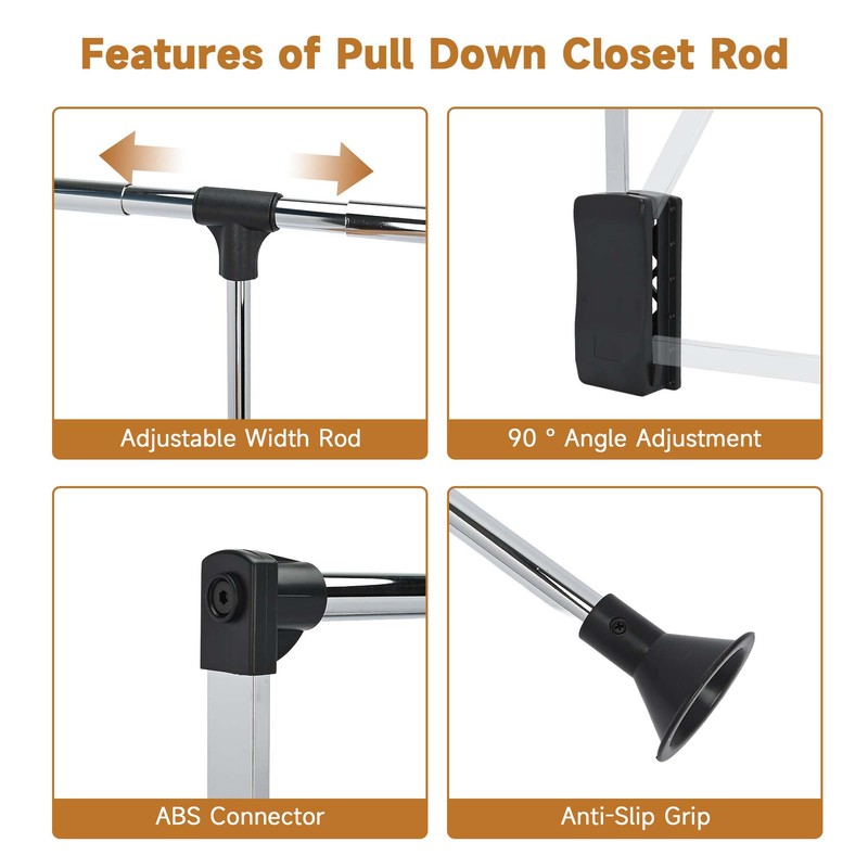 Pull Down Closet Rods for Hanging Clothes, Stainless Steel Adjustable