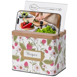 Cabbrix Recipe Box with 50 Cards and 24 Dividers, 4x6 Recipe Card Box Set, Wooden Lid with Phone Holder and Recipe Holder, Beautiful Metal Recipe Organizer, Strawberry