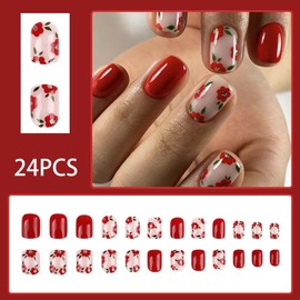 Square Press on Nails Short Glossy Flower Fake Nails Red and Pink Acrylic Nails Pure Color Full Cover Artificial False Nails with Floral Glitter Design Glue on Nails for Women Girls 24 Pcs