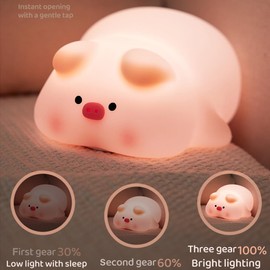 Myratts Cute Pig Night Light, 3 Level Dimmable Nursery Nightlight, Kawaii Lamps Squishy Silicone Rechargeable Touch Lamp, Best Gift for Kids Adults Room Decor