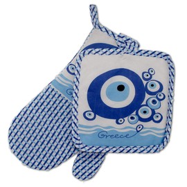 Greekshops.com Decorative Oven Evil Eye Mitt and Potholder 2 pc. Set.