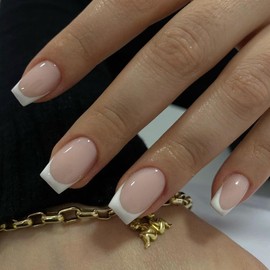 KQueenest 30 Pcs White French Tip Press on Nails Short Square, French Tip False Nails Short Coffin, Custom Thick Acrylic Fake Nails Set Natural Nude Gel Stick on Nail for Women Daily Wedding Wear