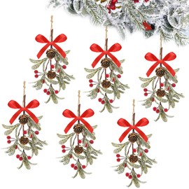 Giegxin 6 Pieces Christmas Mistletoe Decor Artificial Mistletoe Ornament with Red Bow Christmas Hanging Mistletoe Decoration Bouquet Natural Pine Cones Christmas Tree Accessories (Bright Style)