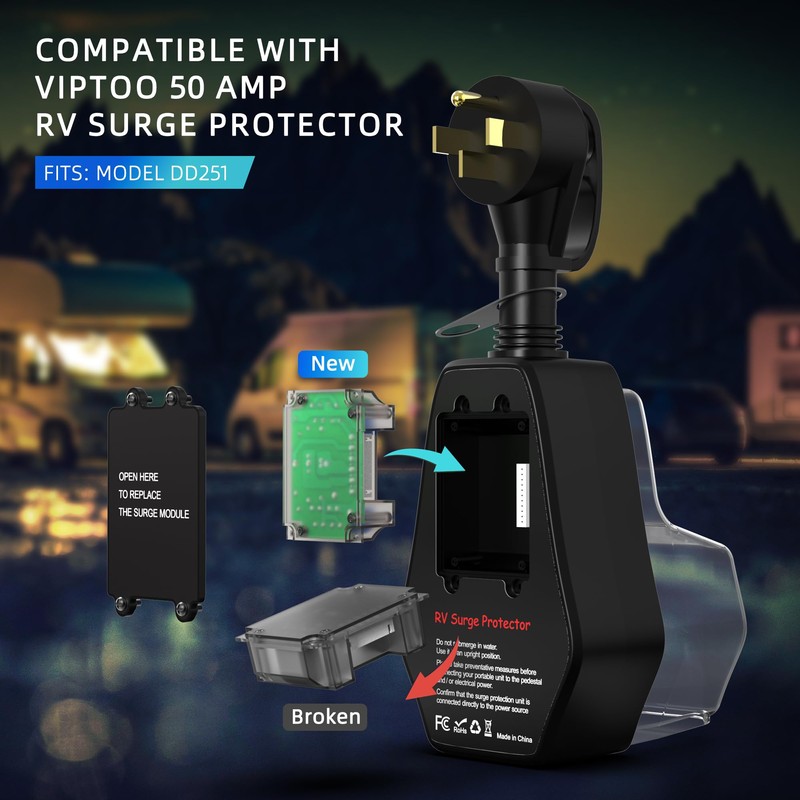 VIPTOO 50A RV Surge Protector with Replaceable Module & Extra