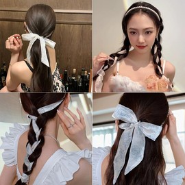 Tofwaol French Pearl Headband for Women Pearl Beaded Head Bands Headband Hair Hoop for Women Girls Vintage Flower Hair Accessories Hairband Wedding Party Bridal Hair Hoop with Long Ribbon