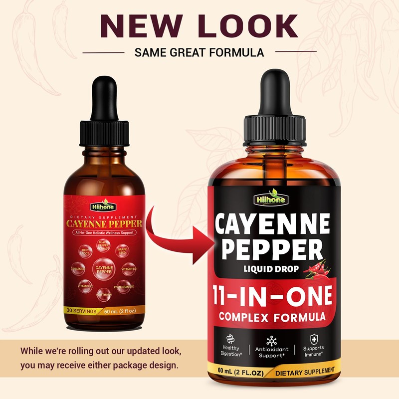 HIIHONE 11-in-1 Cayenne Pepper Drops - Herbal Supplement with Hawthorn,