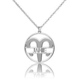 LoEnMe Jewelry Silver Plated Aries Woman Custom Made Engraved Sterling Silver Customized Name Necklace