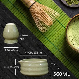 Matcha Bowl and Whisk Holder Set, 19 OZ Ceramic Tea Bowl with Spout and Whisk Stand, Japanese Tea Bowls for Matcha, Whisk Rest, Matcha Bowl Traditional Ceremonial Accessorie (Matcha)