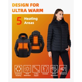 MANGOHOOYA Women's Puffer Heated Jacket - Lightweight Warm Coat for Women with Detachable Hood (Batteries not included).