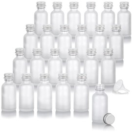 JUVITUS 1 oz Frosted Clear Glass Boston Round Bottle with Screw Top (24 pack) + Funnel