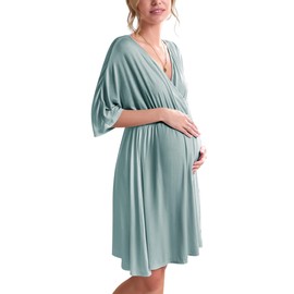 Ekouaer 3 in 1 Labor/Delivery/Hospital Gown Maternity Dress Nursing Nightgown Sleepwear for Breastfeeding V Neck Short Sleeve Nightshirt Sleeping Dress, Green, Medium