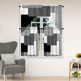 ULQUISNCE Dark Grey Tier and Swag Window Curtain Set, 3Pcs Kitchen Curtain Geometric Art Valance Set Gray Rod Pocket Curtain for Kitchen Window Modern Unique Patterns
