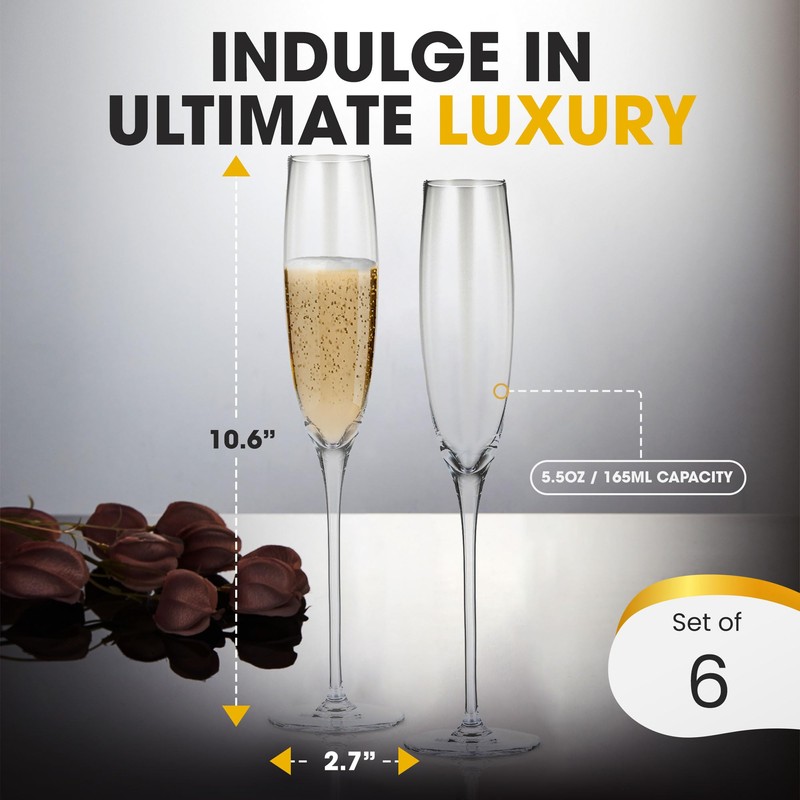 BERKWARE Crystal Champagne Flutes Set of 6 - Elegant Glass