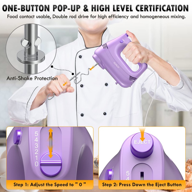 Electric Hand Mixer with Stainless Steel Whisk, Dough Hook Attachment