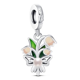 KEQ Lily of the Valley Flower Pendant Charms Beads 925 Sterling Silver Swing Beads Charm Fit Bracelet/Necklace Jewelry Gift For Women, Mini, Sterling Silver, Cubic Zirconia